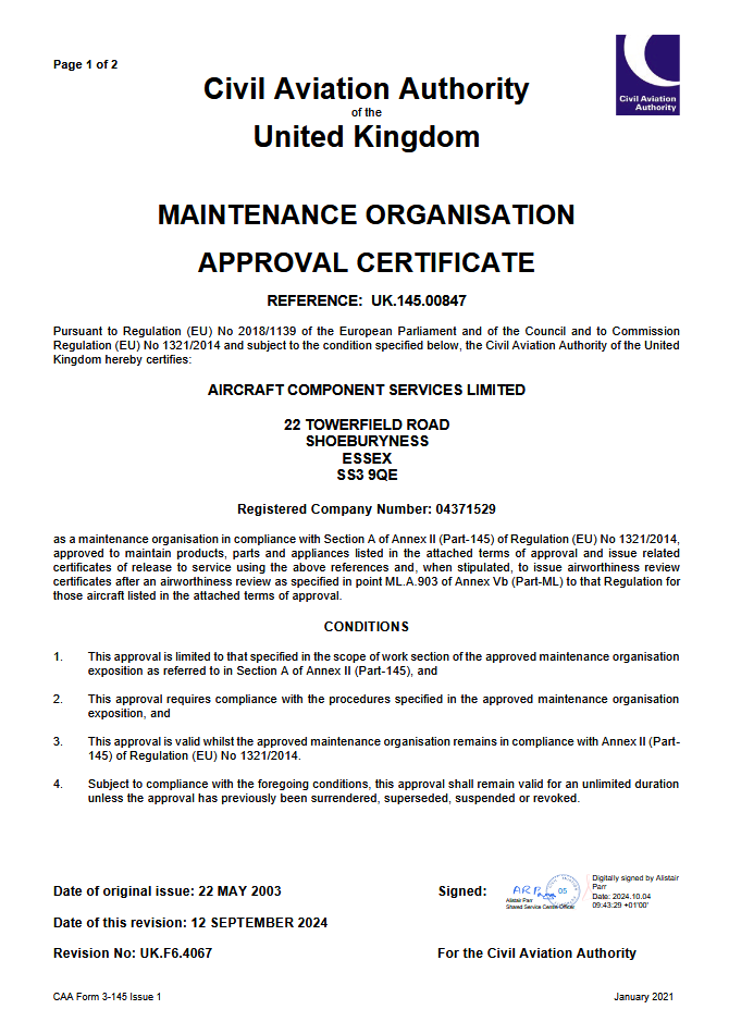 CAA Approval Certificate